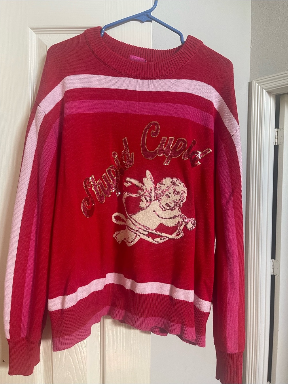 QUEEN OF SPARKLES Red and Pink Striped Cupid Crewneck Sweater stupid Cupid
